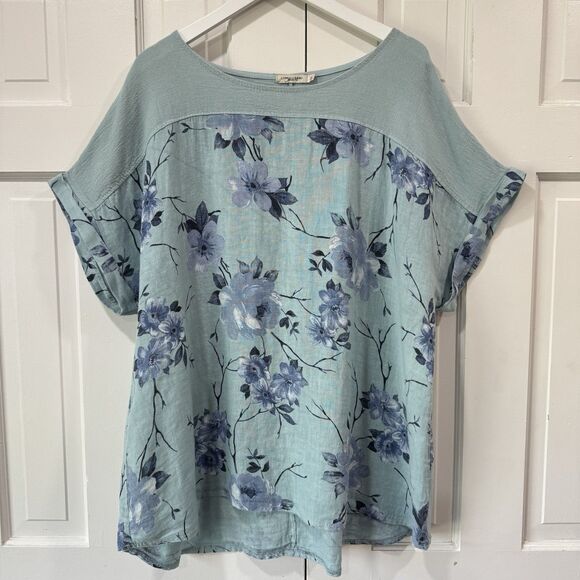 Lungo Larno Linen Top Size 2X Floral Woven Boho Lagenlook Coastal Beachy Blue - Picture 2 of 12